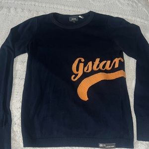 G-Star Raw Navy Blue Crew Swearshirt Size Small with Orange Lettering